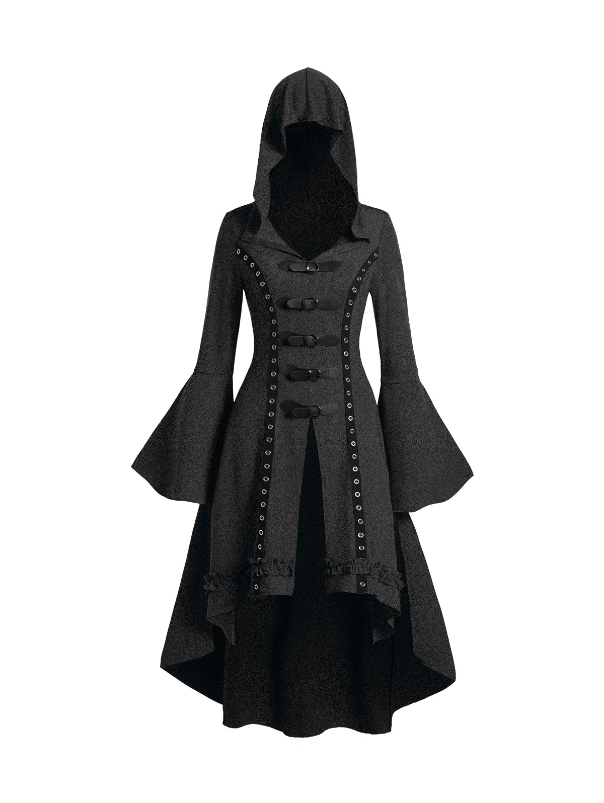 Dressfo Women's Grommet Gothic Hooded Top High Low Hem Buckle Flare Sleeve Frilled Top Long Sleeves Hooded Halloween Tops