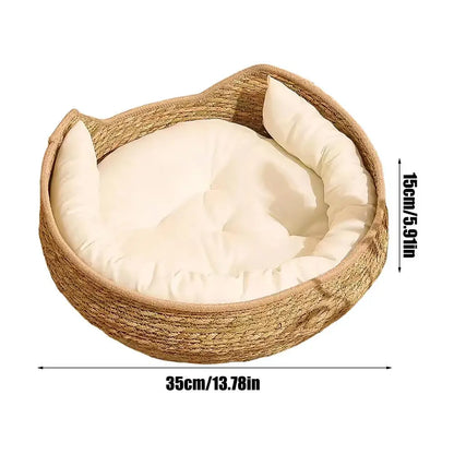 Cat Bed Cat Woven Nest Bed with Soft Cushion and Pillow All Season Weaving Pet Sleeping Resting Scratching Furniture for Puppy