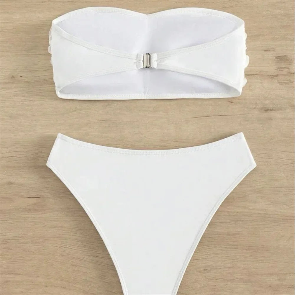 Sexy Flowers Bikini White Y2K Bandeau Swimsuit Push Up Bathing Suit 3D Floral Swimwear Women Highwaist Beach Set Vacation Outfit