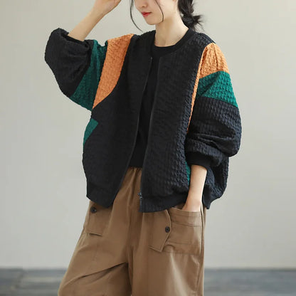 Johnature 2025 Autumn And Winter Woman New Fashion Loose Zipper O-Neck Jacket Splicing Long Sleeves Contrast Casual Jacket