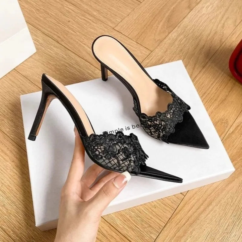 Women's High Heel Slippers Embroidery Lace Pointed Slippers Elegant Temperament High Heels Single Shoes for Women Banquet Pumps