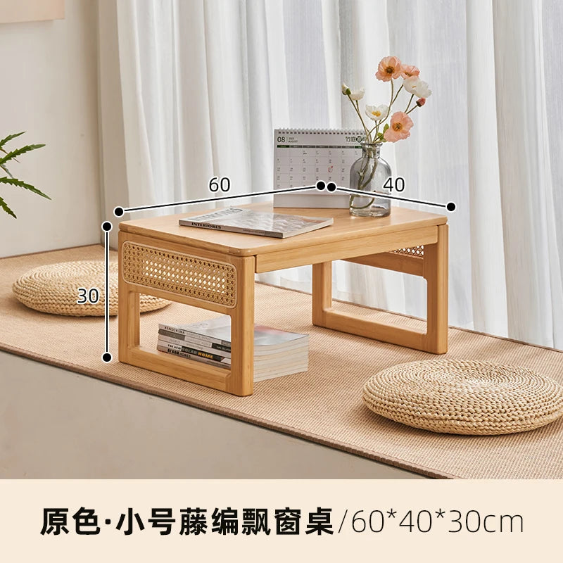 Modern Rattan Bed Desk with Storage Low Style Window Seat Study Multifunctional Sofa Stand for Laptop Coffee Table