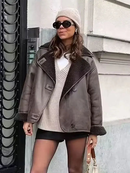 HH Winter Vintage Leather Fur Thick Warm Jackets For Women Long Sleeves Single Breasted Lapel Pockets Street Fashion Coats