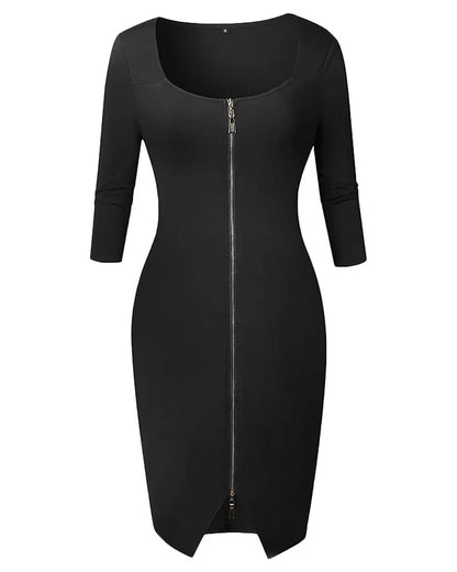 Summer Women Sexy Slim Wrap Dress Fashion Tight Skirts Square Neck Patchwork Zipper Solid Color Slim Fit Half Sleeve Party Dress