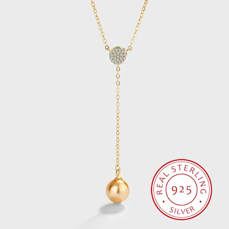 Fashionable and Creative 14K Gold Authentic S925 Silver Full Diamond Round Pendant Pearl Necklace Women's Jewelry
