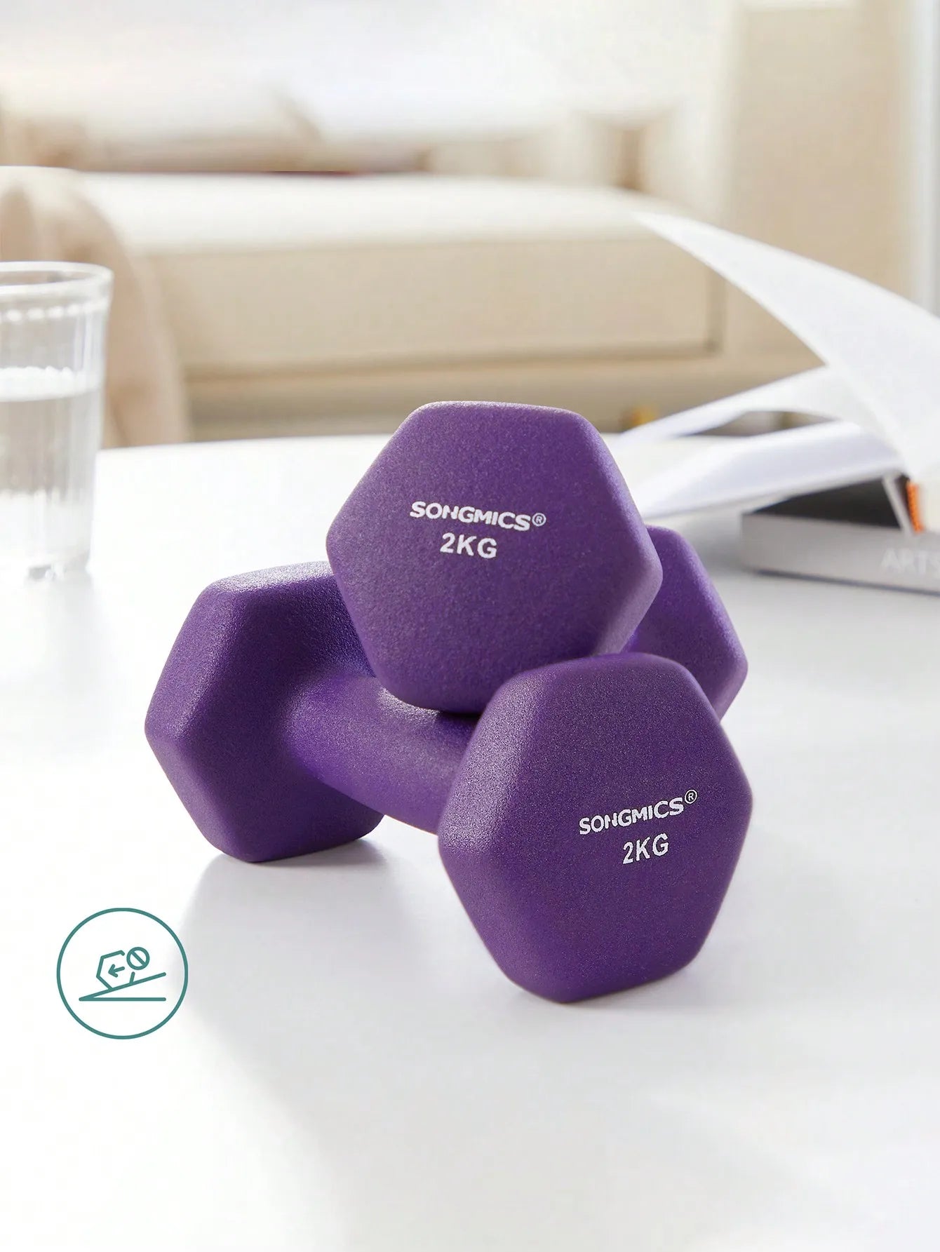 SONGMICS 2 x 2 kg Dumbbells, Neoprene Coating, Hexagonal Pair, Home Workout, Fitness Training, Purple, Ideal for Exercise