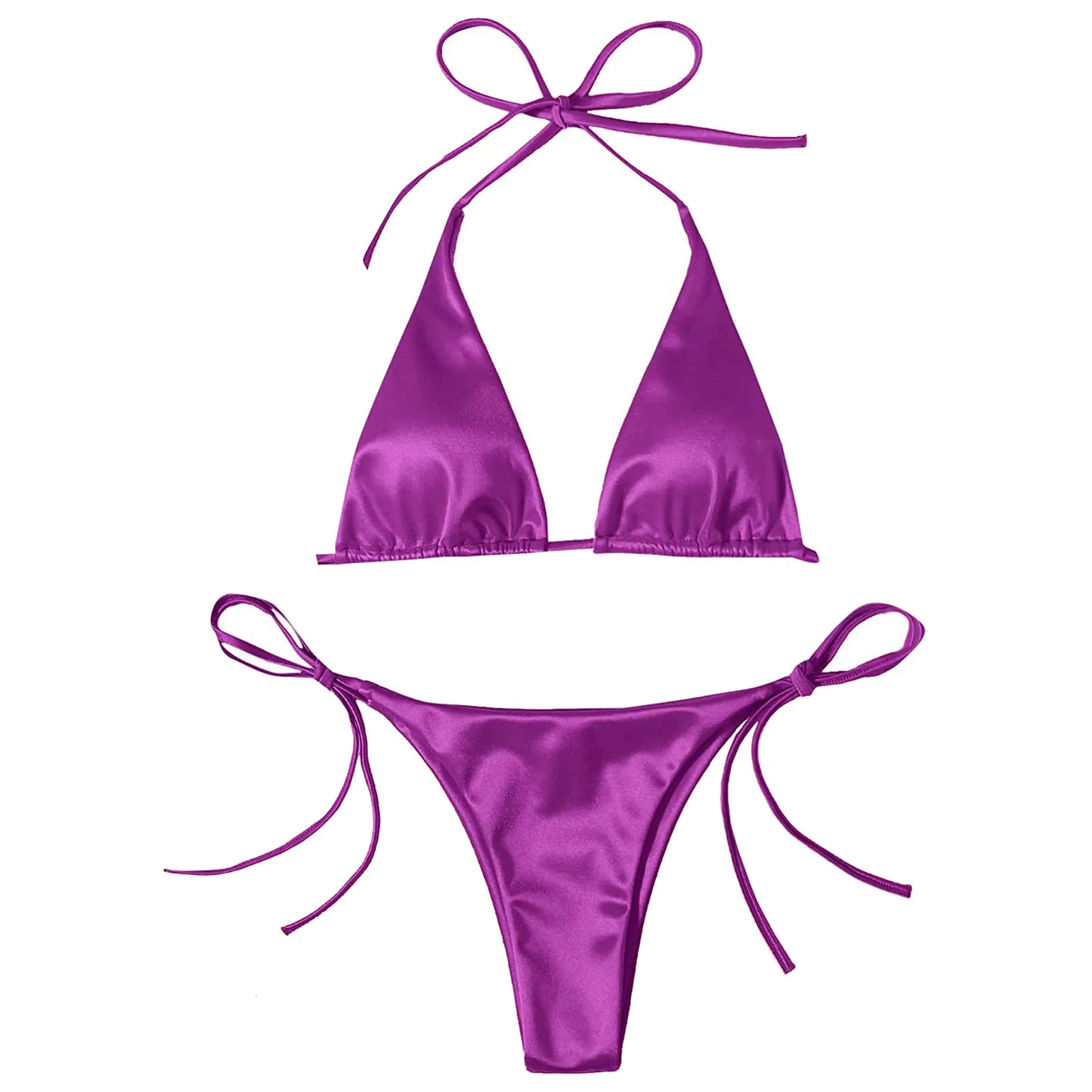 Brazilian Bikini Set Women Halter Neck Triangle Cup Swimwear Low Waist Satin Bandage Bikini Swimwear Summer Beach Bathing Suit
