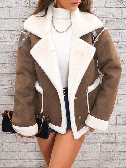 Women Shearling Jacket Casual Short Coat Y2k Turn Down Collar Long Coats Single Breasted Loose Street Wear Thick 2025 Winter