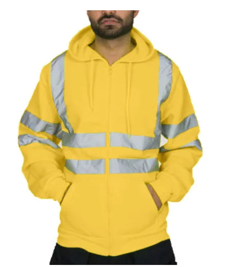 New Men's Reflective Strip Hoodie Jackets Spring Autumn Zipper Long Sleeve Fleece Sweatshirts High Visibility Night Work Jackets