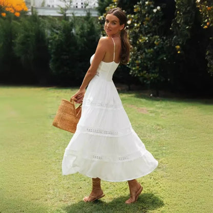 New Summer Woman Dress Sleeveless Solid White Strap Boho Dresses Beachwear Sundress Clothes Bohemian Off-the-shoulder Dress Lace