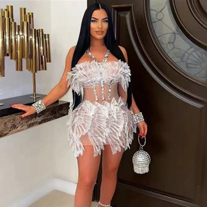 Women Sexy White Gold Crystal Transparent Wings Mini Dress Bar Nightclub Party Singer Stage Performance Costume