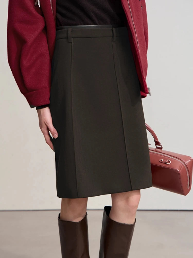 AMII Minimalist Skirts For Women 2025 Winter New Straight Solid Knit Midi Skirt Patchwork Leather Casual Woman Clothes 12524092