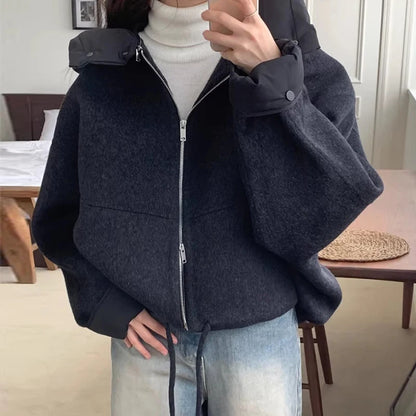 OCEANLOVE Hooded Autumn Winter Woolen Jackets for Woman Solid Warm Chaquetas Korean Fashion Chic Vintage Loose Outwears