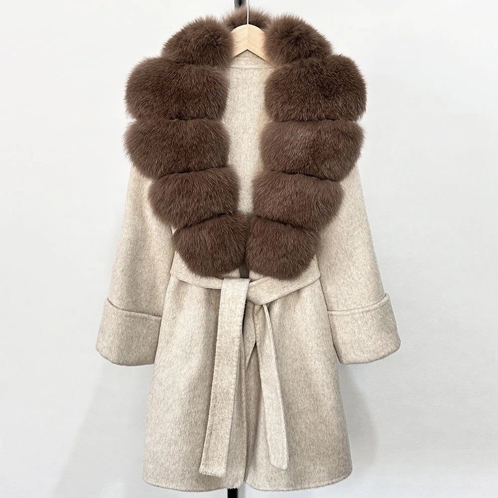 GENHUA 2025 New Winter Cashmere Wool Blends Women Natural Fox Fur Collar Cuffs Slim Fit Suit Double Sided Woolen Trench Coat