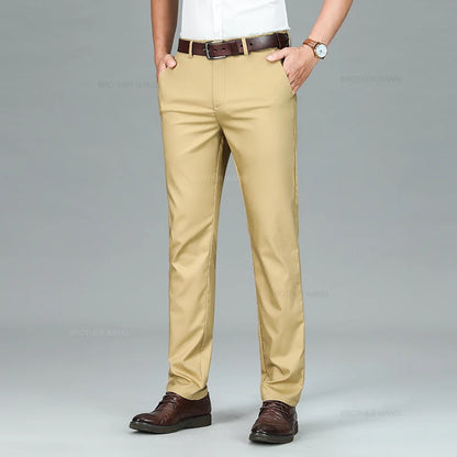 Bamboo Fiber Summer Casual Pants Men's Ultra-thin Iron-free Anti-wrinkle Loose Business Straight Elastic Trousers Brand Clothing