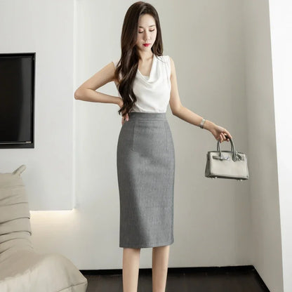 Fahsion Summer Office Black Skirts Women 2024 Elegant High Waist Gray Red Bodycon Skirt Sexy High Waist Midi Mujer Faldas S-2XL