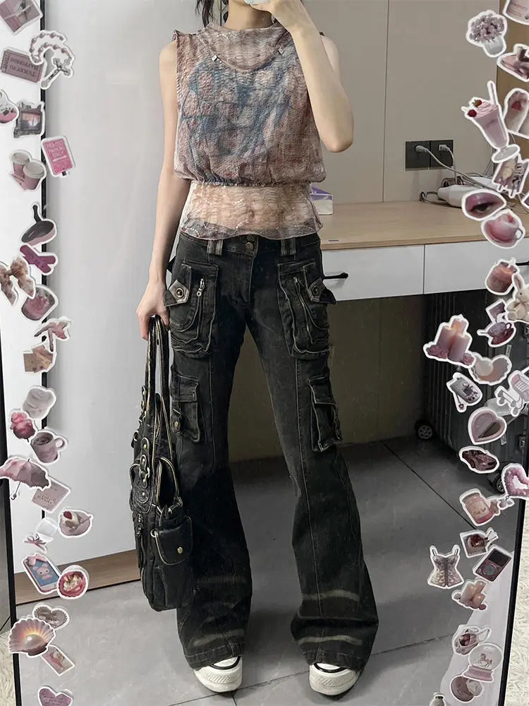 Women's Black Gothic Y2K Jeans Baggy Aesthetic Denim Trousers Harajuku Streetwear Jean Pants Vintage 2000s Trashy Clothes 2024