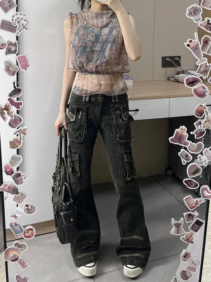 Women's Black Gothic Y2K Jeans Baggy Aesthetic Denim Trousers Harajuku Streetwear Jean Pants Vintage 2000s Trashy Clothes 2024