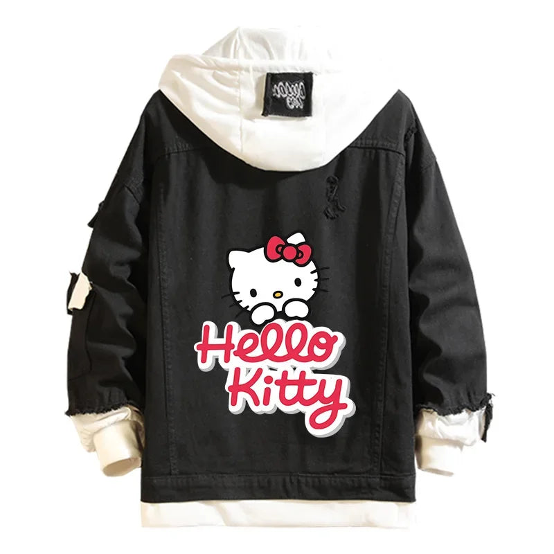 Anime Sanrio Denim Bomber Jacket Hello Kitty Hooded Jeans Sweatshirt Unisex Ripped Hole Cosplay Hoodie Long-Sleeved Denim Jacket