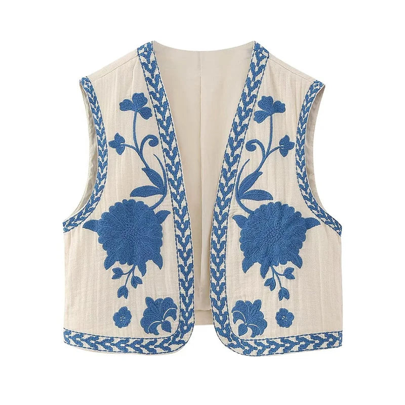 Women's Vintage Floral Embroidered Open Waist Coat Casual Vacation Crop Top National Style Vest Jacket for Ladies