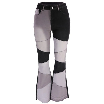 Women Flare Jeans Casual Pants Pannelled Collision Fashional High Waist Fit Female High Quality 91Y35