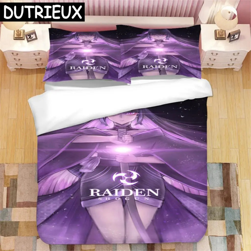 Genshin Impact Raiden Shogun 3D Printed Bedding Set Duvet Covers Pillowcases Comforter Bedding Set Bedclothes Duvet Cover