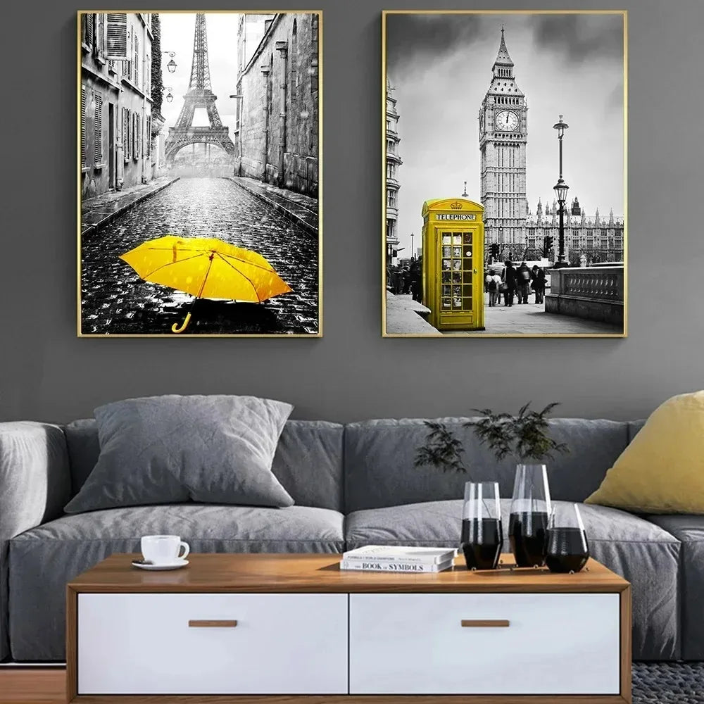 Black and White Europe Landscape Picture Home Decor Nordic Canvas Painting Wall Art Yellow Scenery Posters for Living Room Decor
