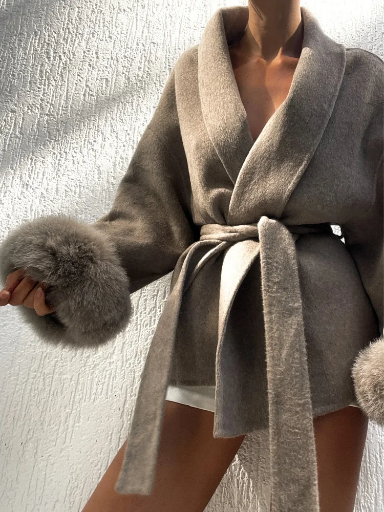 Elegant Lace Up Woolen Short Coat Solid Loose Lapel Furry Belt Long Sleeve Female Jacket 2026 Spring Autumn Lady Chic Cardigan