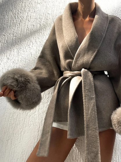 Elegant Lace Up Woolen Short Coat Solid Loose Lapel Furry Belt Long Sleeve Female Jacket 2026 Spring Autumn Lady Chic Cardigan