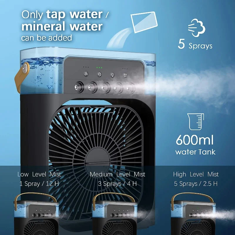 3 Wind Speeds and 3 Spray Modes Office Home Fan Portable Air Conditioner Fan LED Night Light Portable Humidifier