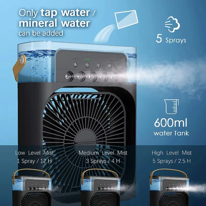 3 Wind Speeds and 3 Spray Modes Office Home Fan Portable Air Conditioner Fan LED Night Light Portable Humidifier