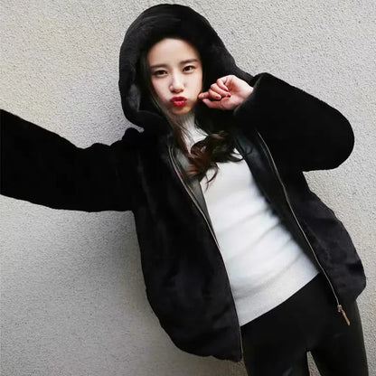 Lucyever High Quality Faux Rabbit Fur Hooded Coat Women Black Luxury Faux Fur Jacket Female Winter Zip Thick Warm Furry Coats