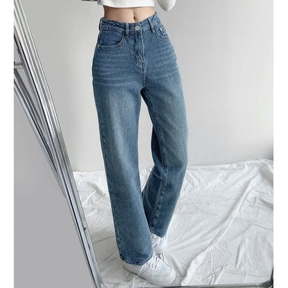 2025 Women Baggy High Waisted Jeans Pants Girls Straight Leg Casual Denim Pants Lady Fashion Dark Blue Jeans Trousers