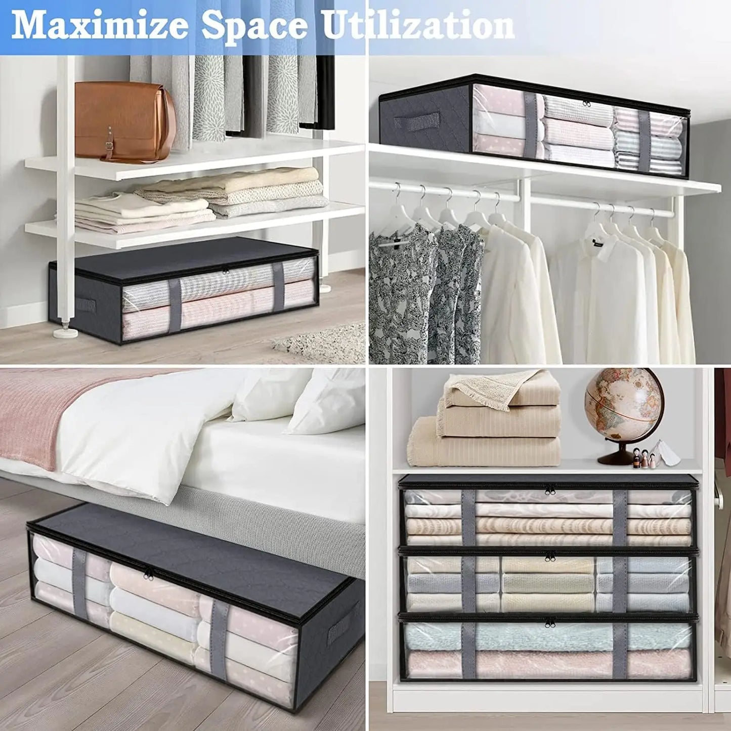 4-Pack Large Capacity Underbed Storage Bags Organizer with Clear Window and Handles for Blanket, Comforter, Bedding, Clothes