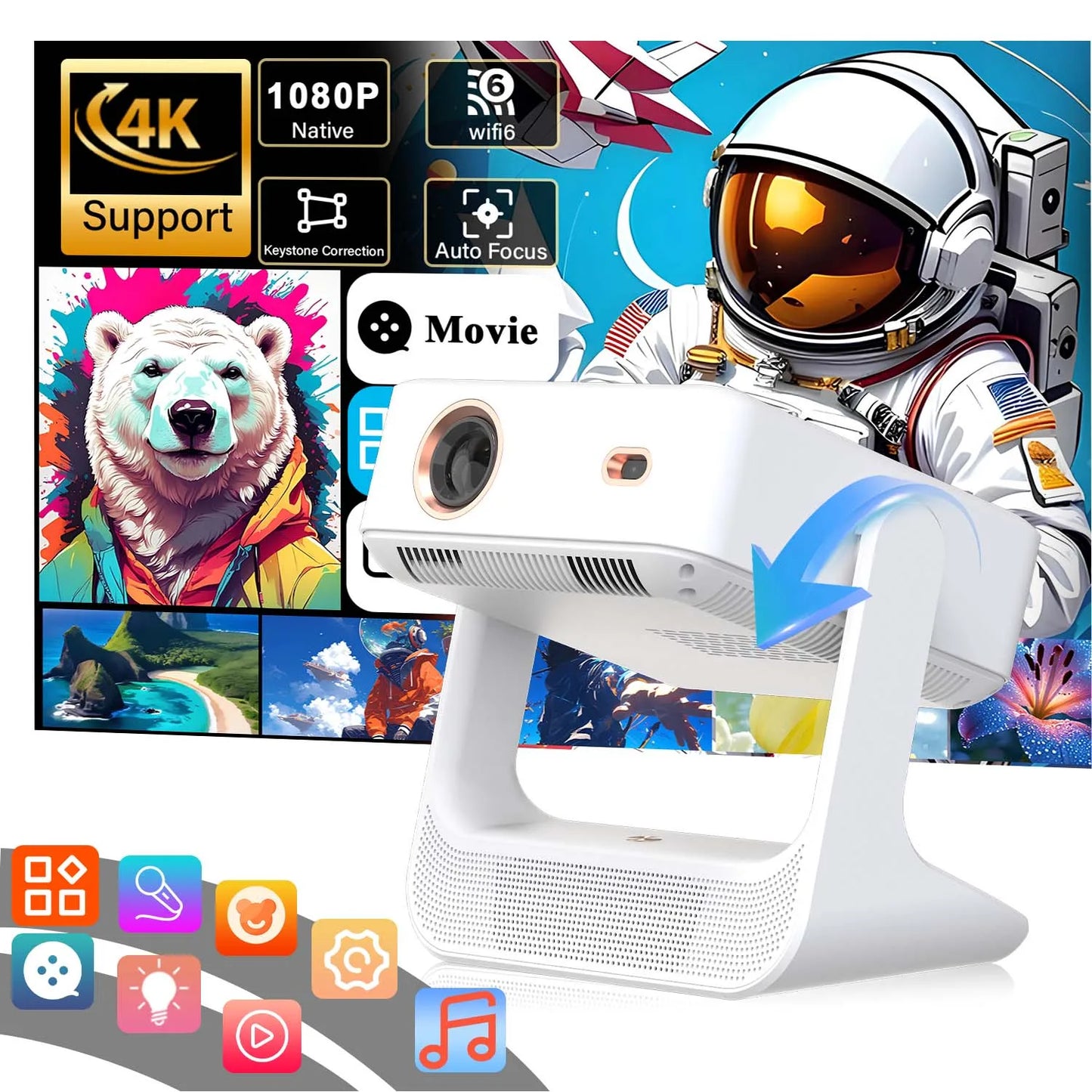 Projector 4K Portable, 8" Touch, WiFi Bluetooth, Dual Screen HDMI USB, Outdoor Movie Gaming Projector