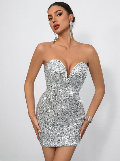 Sexy Shining Backless Short Summer Dress Sequin Birthday Club Elegant Party Evening Dresses Strapless Womens Prom Dresses XSY010