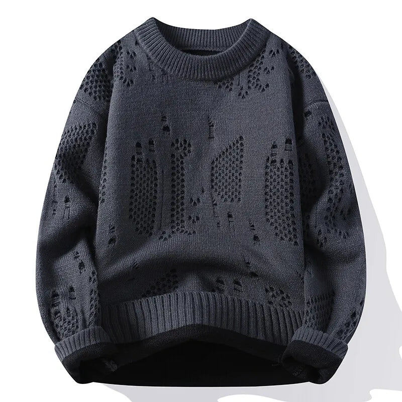 Autumn Winter Fashion Hole Knit Sweater Men O-Neck Solid Color Youthful Vitality Casual Knitted Pullovers Man Streetwear Sweater