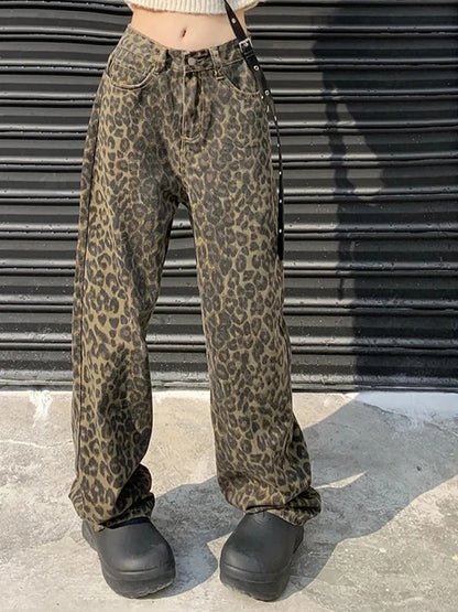 American Washed Leopard Print Wide Leg Jeans for Women Retro Street Distressed New Harajuku Style Hottie Baggy Y2K Casual Pants