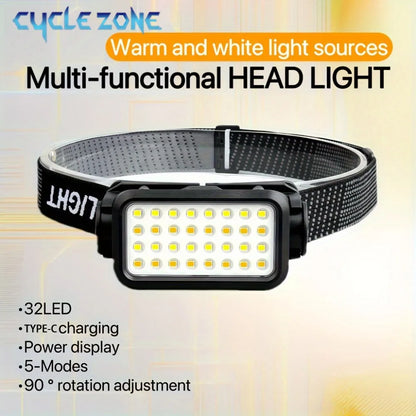Rechargeable Headlamp with 32 LED 5 Modes Adjustable Headlight Portable for Outdoor Adventures at Night Fishing Walking Hiking
