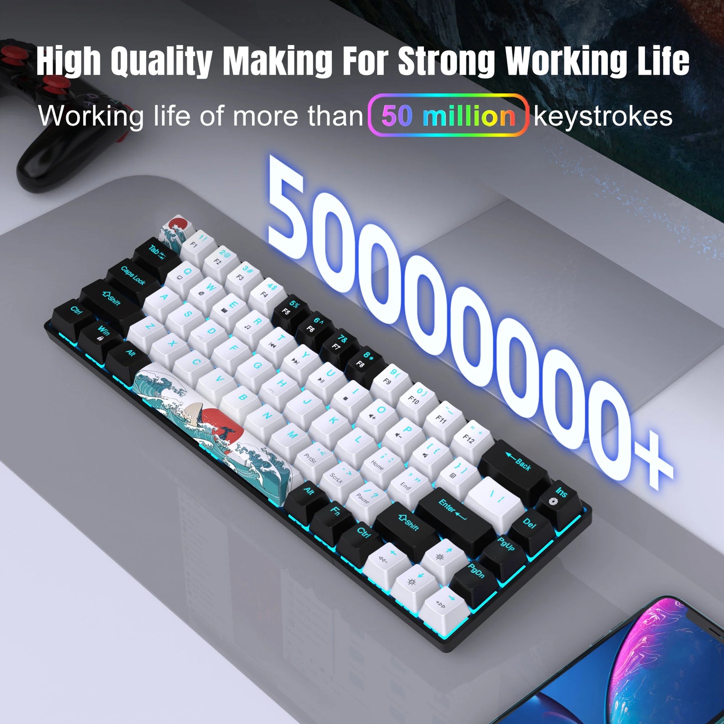 Mechanical Gaming Keyboard, 68 Keys Gaming Keyboard With Blue/Switches, Detachable Type-C Cable Mini Keyboard With Blue Light