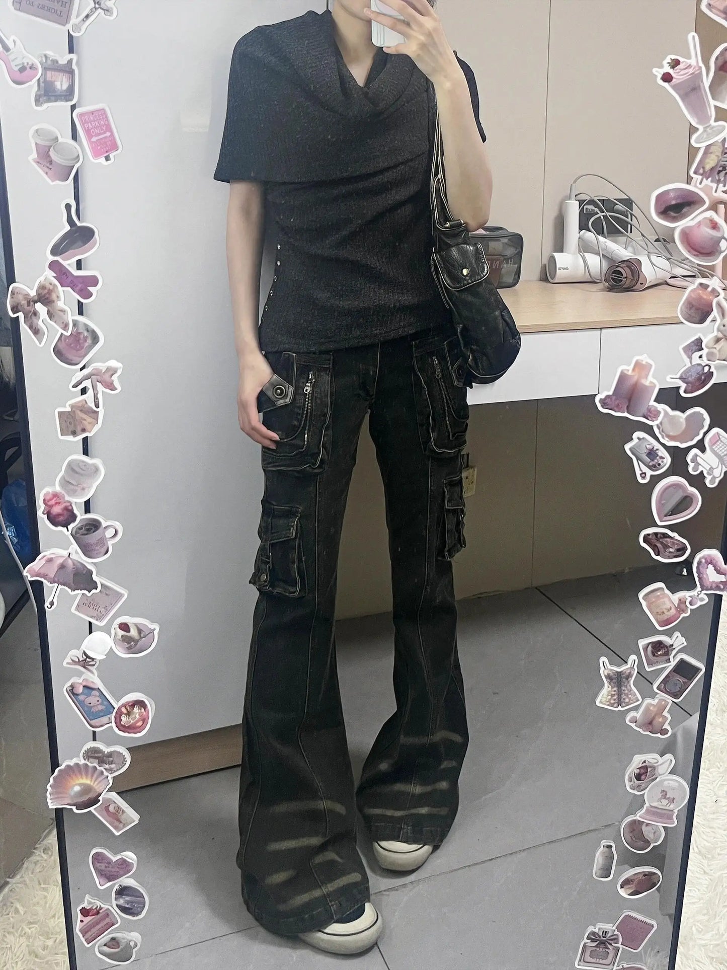 Women Korean Fashion Chic Jeans Grunge Japanese Harajuku Gyaru Y2K Denim Cargo Pants Cyber Punk Hip-pop 2000s Aesthetic Tomboy