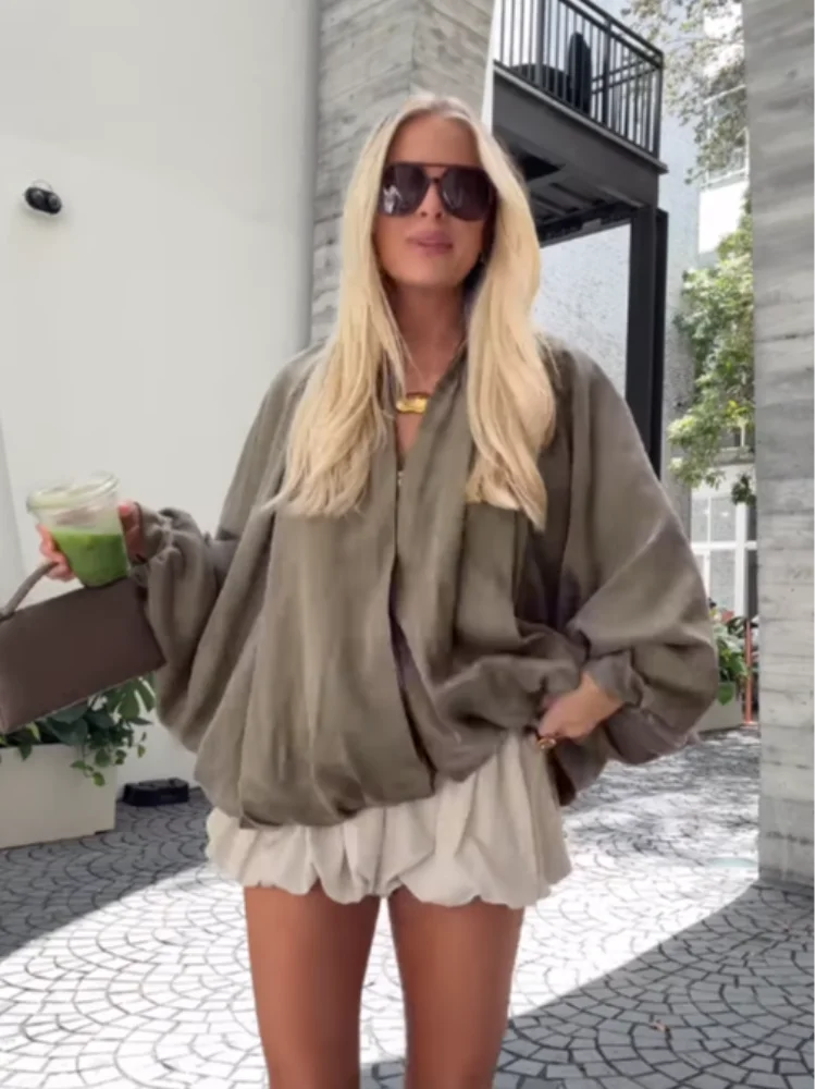 Pleated Zipper Green Oversize Jacket Women Long Lantern Sleeve Lapel Folds Elegant 2025 Spring Coat Street Commuter Lady Tops