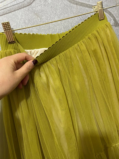 Autumn Fairy Puffy Maxi Long Gauze Skirt Cakee Patchwork A-line Layered Tulle Ankle Long Skirts Green Burgundy