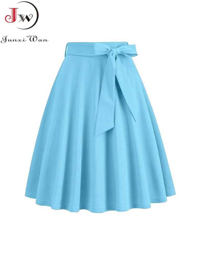 Women Retro Vintage Midi Long Skirt Solid Elegant Faldas High Waist A Line 50s Swing Skirts