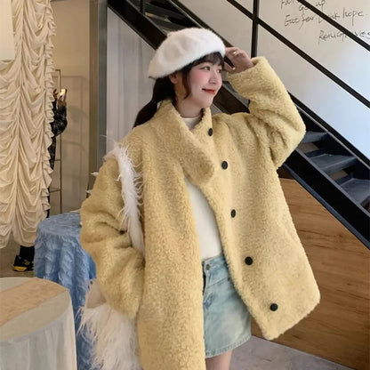 Women Faux Wool Coats Winter Thick Stand Collar Loose Casual Preppy Sweet Jacket Japanese Long Sleeve Button Vintage Outwear New
