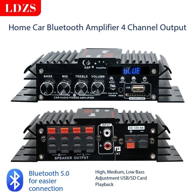 Mini Audio Amplifiers for Car Digital Sound Amplifier for Home Car Power 12V Support Treble Bass USB Card Audio Bluetooth