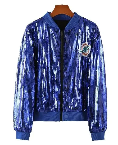 Autumn High Quality Letter Streetwear Sequined Long Sleeve Round Neck Loose Jacket Women Hip Hop Night Club Patchwork Coats