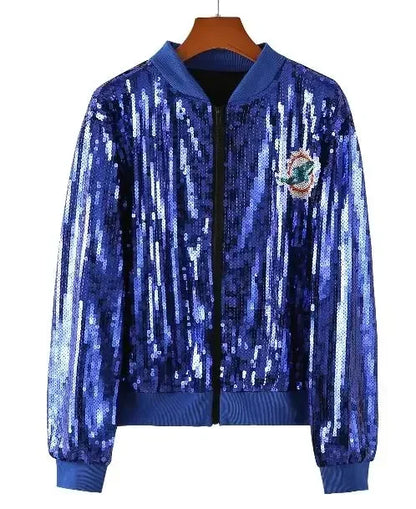 Autumn High Quality Letter Streetwear Sequined Long Sleeve Round Neck Loose Jacket Women Hip Hop Night Club Patchwork Coats