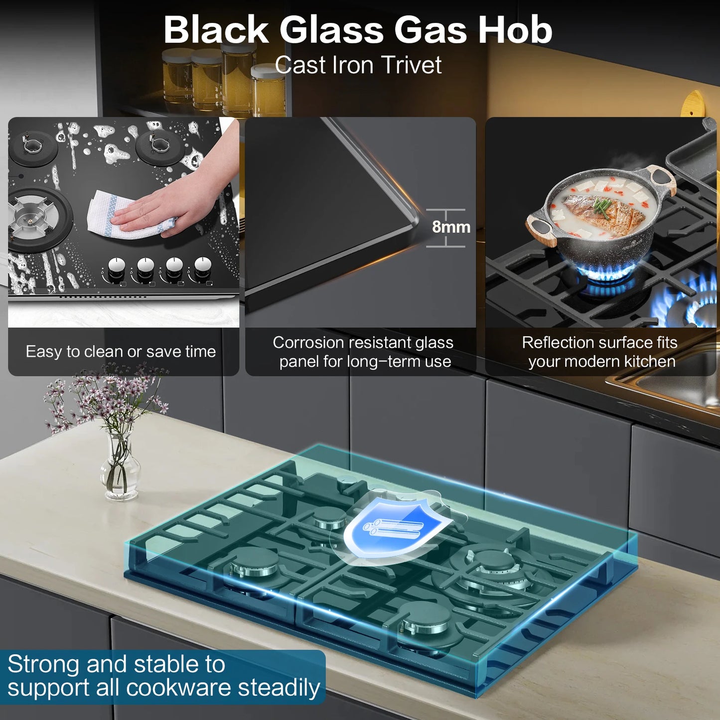 60cm Built-in Gas Hob 4 Burner | Flame Failure Protection & Cast Iron Grates | Black Glass Dual Fuel (NG/LPG)