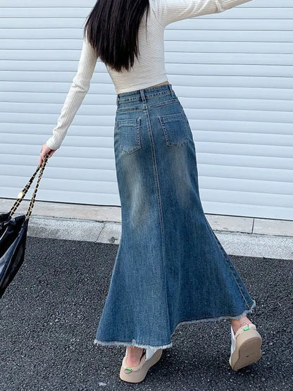 2023 Fashion Spring Denim Skirts for Women Vintage Do Old Midi Skirt Chic High Waisted Trumpet Mermaid A Line Skirts